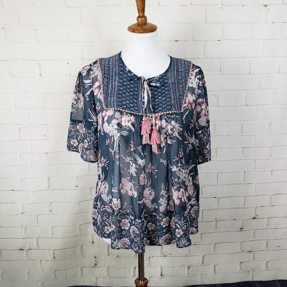 Knox Rose sheer floral ruffle blouse